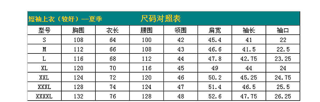 短袖工作服AE226-DX尺寸图